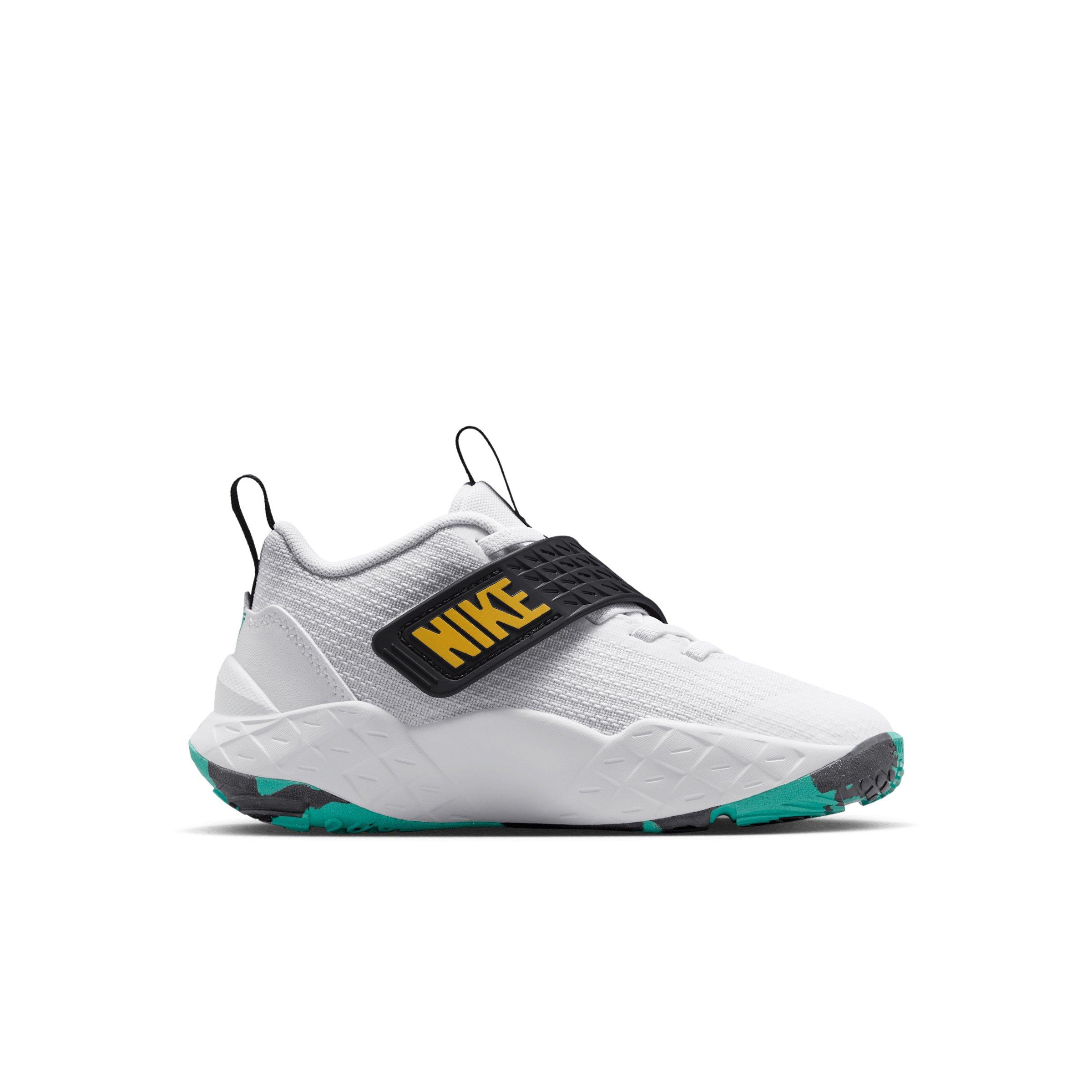 Nike Team Hustle D 12 "White/Black/Clear Emerald/Topaz Gold" Preschool Boys' Basketball Shoe - WHITE/BLACK/EMERALD/GOLD